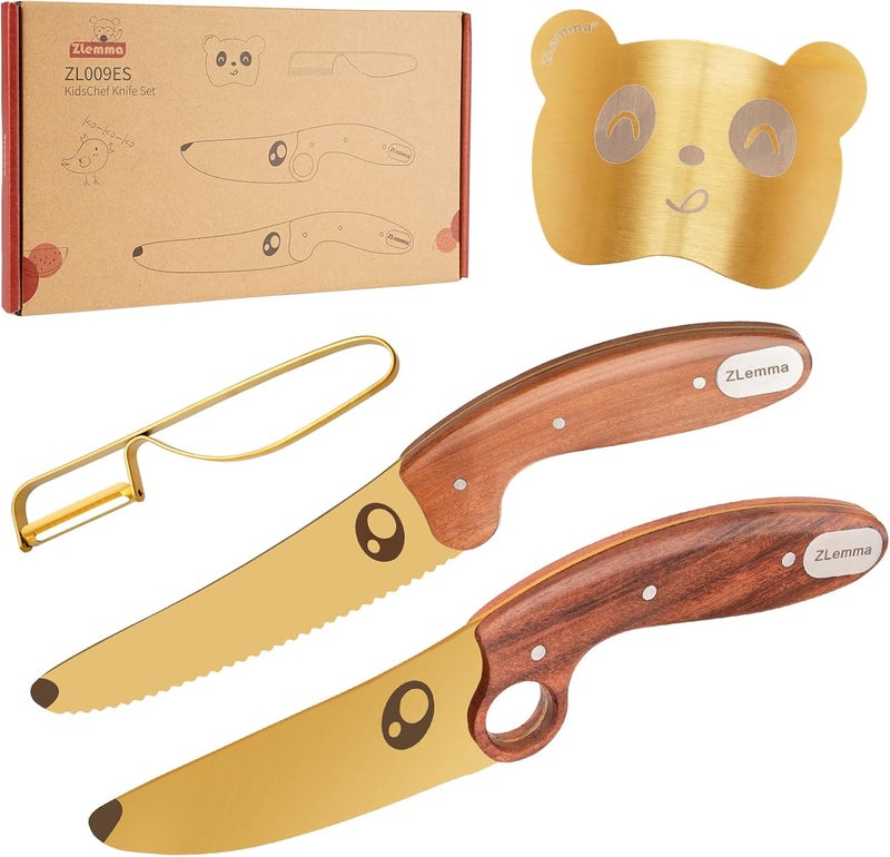 ZLemma Kids Knife Set for Real Cooking with Educational Ring & Precious Rosewood Handle, Kids Chef Knife-4pcs Set with Stainless Steel Finger Guard-Golden Coating - Image 1