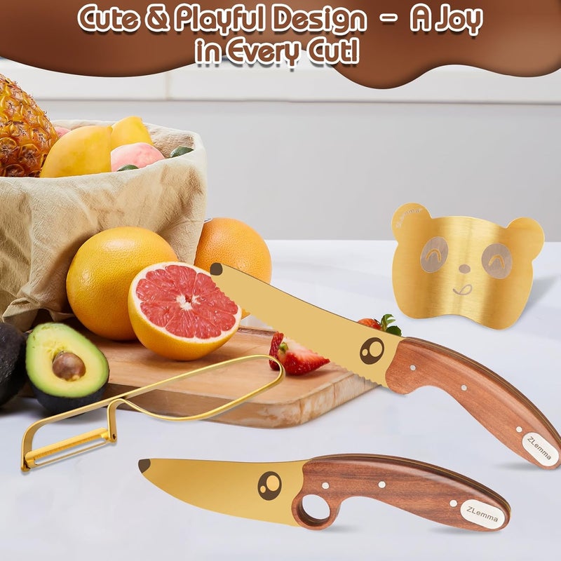 ZLemma Kids Knife Set for Real Cooking with Educational Ring & Precious Rosewood Handle, Kids Chef Knife-4pcs Set with Stainless Steel Finger Guard-Golden Coating - Image 4