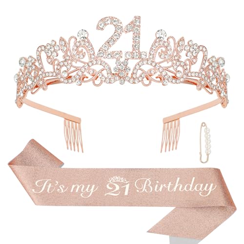 Semato 21st Birthday Decorations for Her Sash and Crown Tiara Kit Rose Gold 21st Birthday Gifts for Girls Party Supplies - Image 1