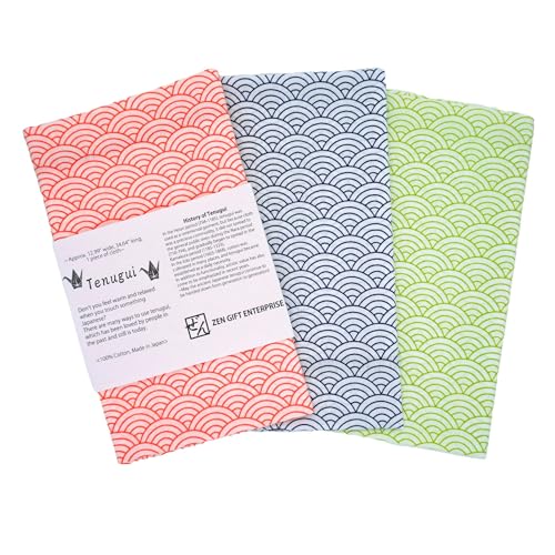 ZEN GIFT ENTERPRISE Tenugui Traditional Towel Made in Japan Fray Prevention 100% Cotton Eco Friendly Kitchen Towels Gift Wrapping Seigaiha Pattern Set of 3 12.99"x34.64" - Image 1