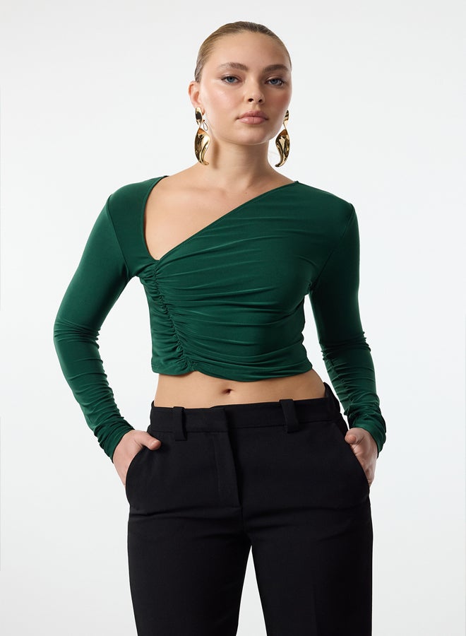 trendyol Emerald Green Crop Draped Knitted Blouse TPRAW25BZ00017 - Image 1