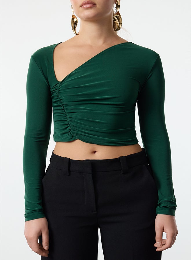 trendyol Emerald Green Crop Draped Knitted Blouse TPRAW25BZ00017 - Image 3