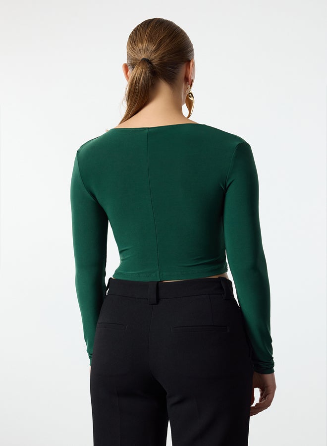 trendyol Emerald Green Crop Draped Knitted Blouse TPRAW25BZ00017 - Image 5