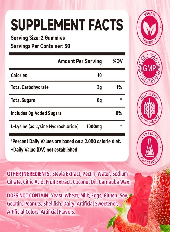 Mchokuu L-Lysine 1000mg Gummies, Chewable Lysine Supplement for Adults & Kids Immune Support, Essential Amino Acid, Vegetarian, Non-GMO, Sugar-Free, Gluten Free, Strawberry Flavor, 60 Counts - Image 2
