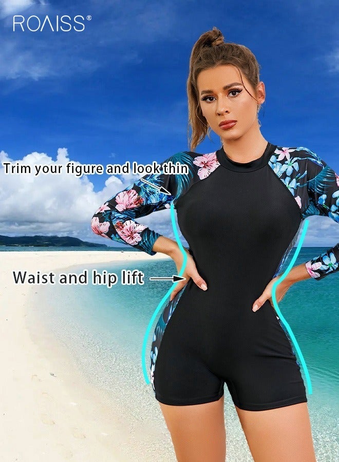 رويس ملابس سباحة نسائية قطعة واحدة بتصميم ألوان متداخلة، بأكمام قصيرة، مناسبة للسباحة وركوب الأمواج، ملابس رياضية محتشمة، ملابس شاطئ، وملابس سباحة للحماية من الشمس، مثالية للرياضات المائية وأيام الشاطئ النشطة. - Image 2