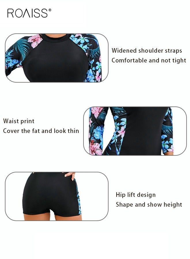 رويس ملابس سباحة نسائية قطعة واحدة بتصميم ألوان متداخلة، بأكمام قصيرة، مناسبة للسباحة وركوب الأمواج، ملابس رياضية محتشمة، ملابس شاطئ، وملابس سباحة للحماية من الشمس، مثالية للرياضات المائية وأيام الشاطئ النشطة. - Image 5