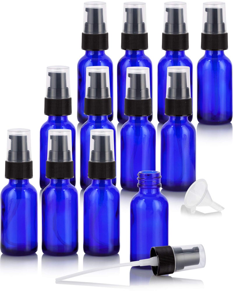 JUVITUS 1 oz Cobalt Blue Glass Boston Round Bottle with Black Treatment Pump 12 pack Funnel