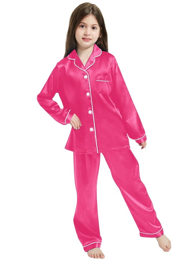 Schbbbta Silk Pajamas for Girls Satin Long Sleeve Button Down PJ Set Two-Piece Sleepwear for Kids, Hot Pink Pjs, 9-10 Years - Image 3