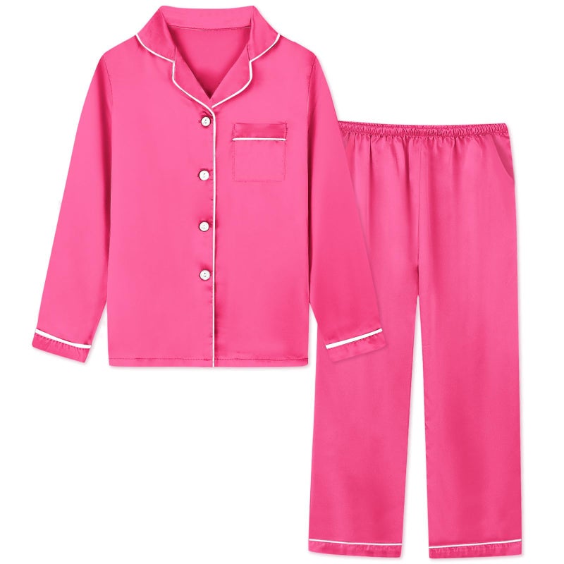Schbbbta Silk Pajamas for Girls Satin Long Sleeve Button Down PJ Set Two-Piece Sleepwear for Kids, Hot Pink Pjs, 9-10 Years - Image 1