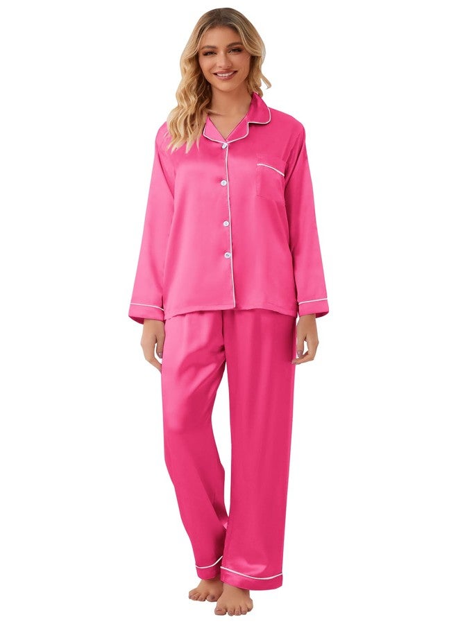 Schbbbta Silk Pajamas for Girls Satin Long Sleeve Button Down PJ Set Two-Piece Sleepwear for Kids, Hot Pink Pjs, 9-10 Years - Image 5