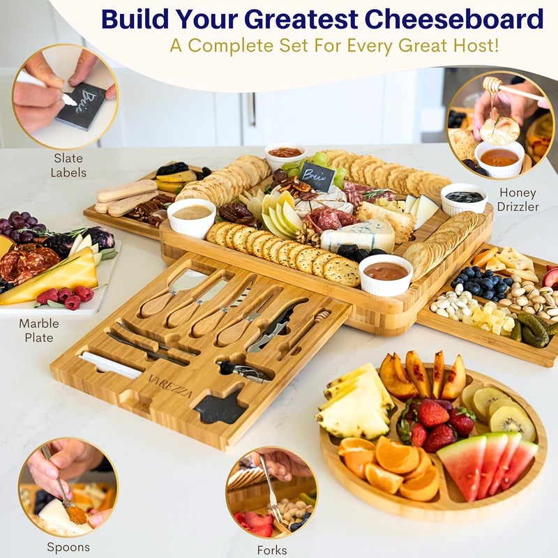 VAREZZA Extra Large Charcuterie Boards Gift Set: Marble Bamboo Cheese Board Set- Unique for Mom, 23 Entertaining Accessories, Christmas, Wedding Gifts for Couple, House Warming Gifts Home - Image 5