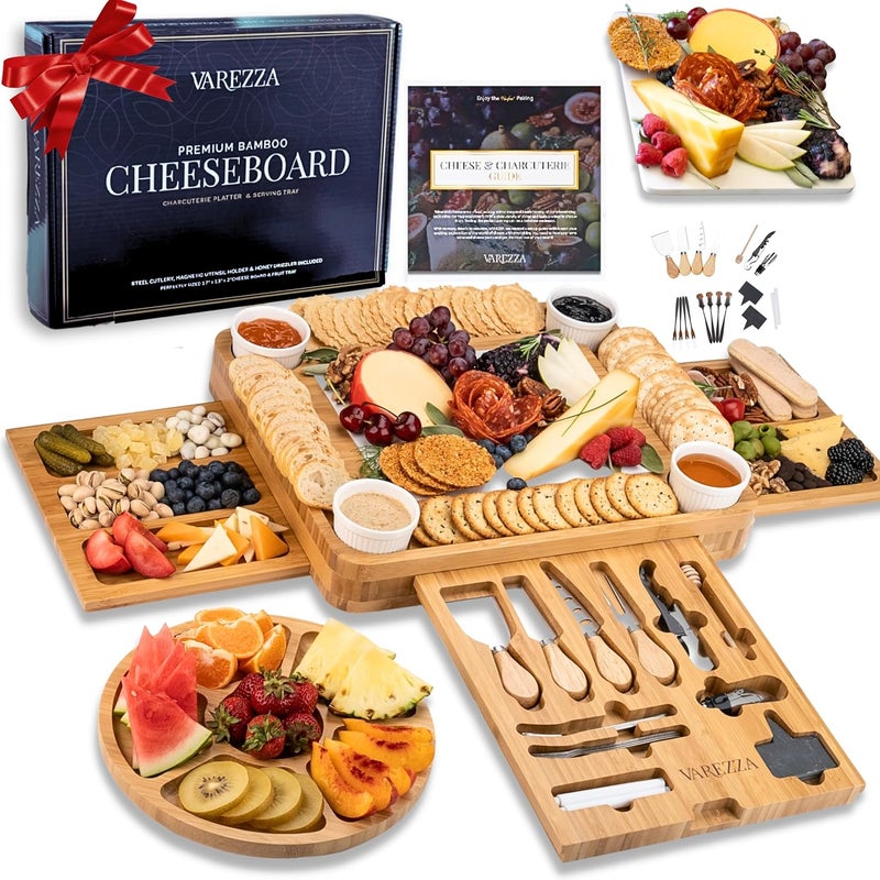 VAREZZA Extra Large Charcuterie Boards Gift Set: Marble Bamboo Cheese Board Set- Unique for Mom, 23 Entertaining Accessories, Christmas, Wedding Gifts for Couple, House Warming Gifts Home - Image 1