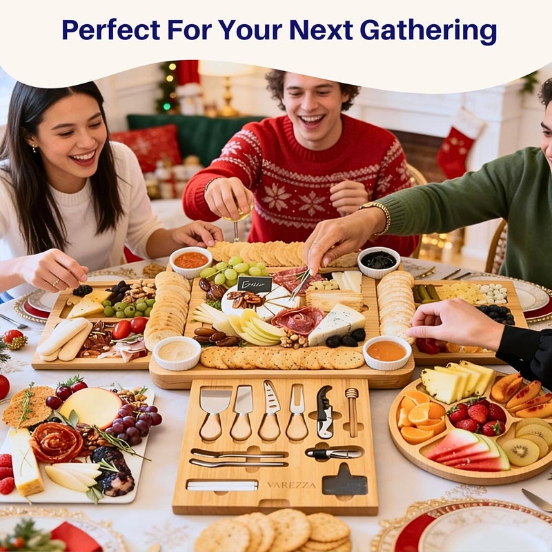 VAREZZA Extra Large Charcuterie Boards Gift Set: Marble Bamboo Cheese Board Set- Unique for Mom, 23 Entertaining Accessories, Christmas, Wedding Gifts for Couple, House Warming Gifts Home - Image 4