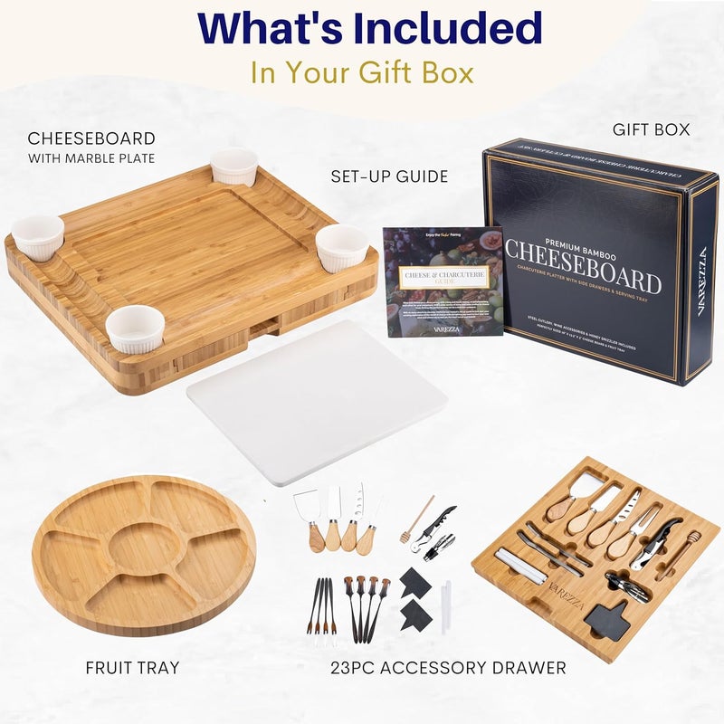VAREZZA Extra Large Charcuterie Boards Gift Set: Marble Bamboo Cheese Board Set- Unique for Mom, 23 Entertaining Accessories, Christmas, Wedding Gifts for Couple, House Warming Gifts Home - Image 3