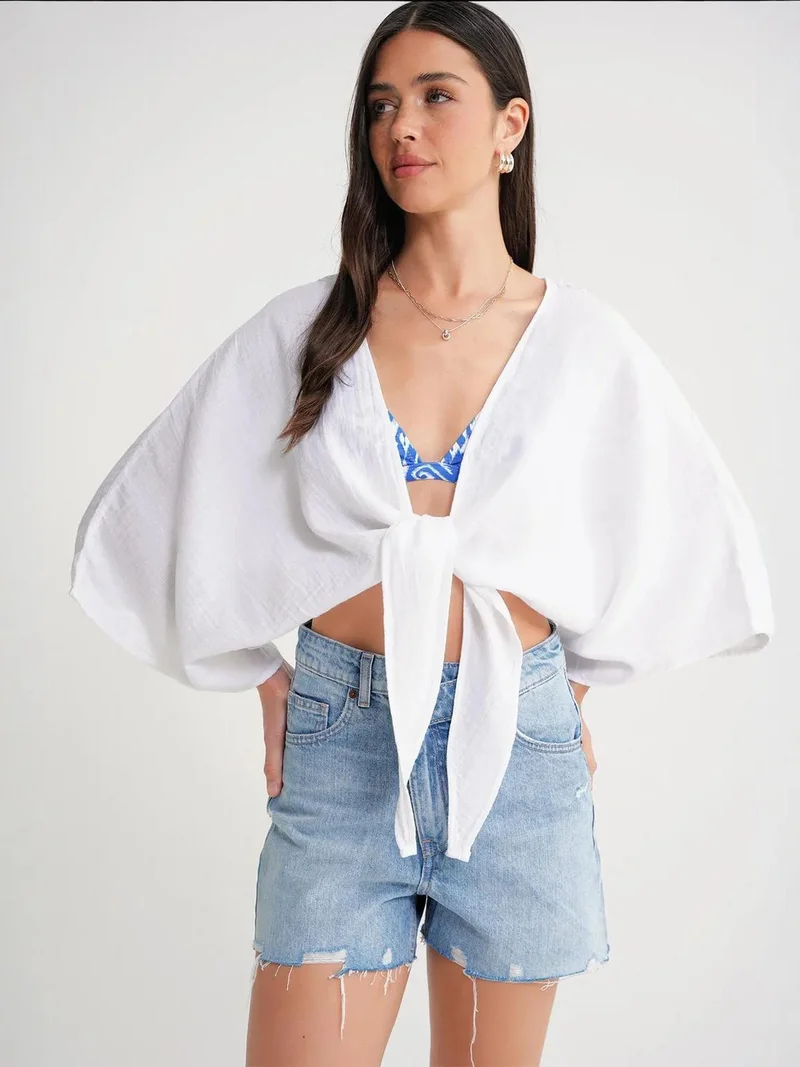 MixRay Mixray Textured V-Neck Bolero Blouse