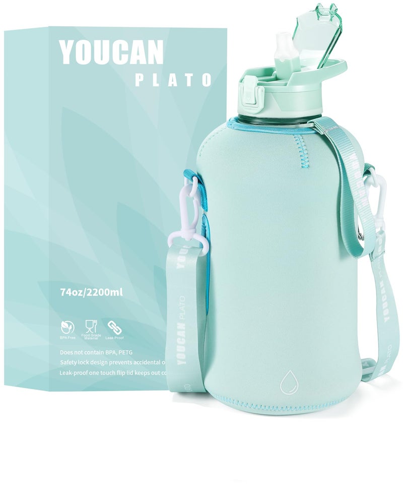 YOUCAN PLATO 74 oz Half Gallon Water Bottle with SleeveLarge Water Bottle Big Gym Water Bottle with Straw Gallon Water Jug with Handle and Bottle BrushBPA Free22 Liter workout bottleBlue