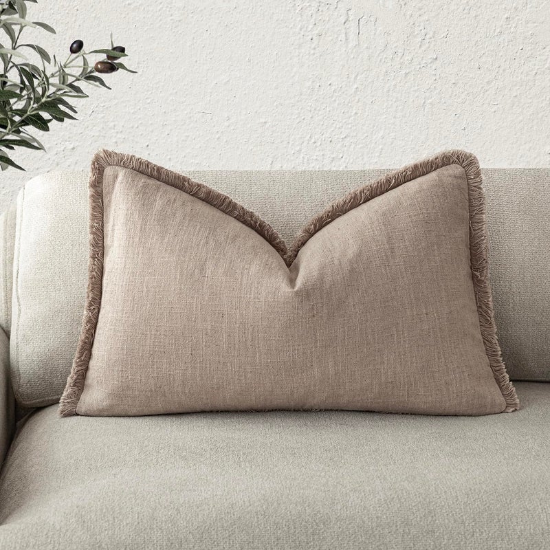 Foindtower Decorative Linen Fringe Lumbar Throw Pillow Covers Boho Farmhouse Cushion Cover with Tassel Soft Accent Pillowcase for Sofa Bed Living Room Home Decor, 12×24 Inch,1PC,Natural Linen - Image 1