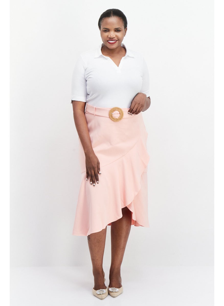 forever new Women Curve Fit Plain Belted Midi Skirt, Pink  - Image 4