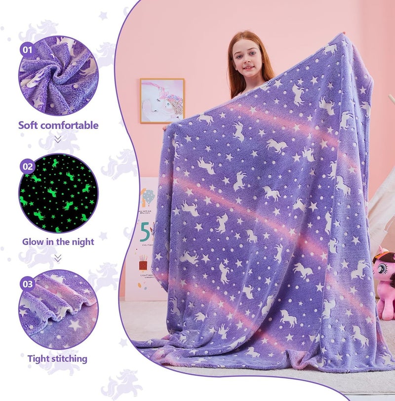 EXILOM Glow in The Dark Blanket for Kids, 200x152 Cm, Unicorns Gifts for Girls, Soft Kids Blankets for Christmas Birthday, Cozy & Warm All-Season Glow Blanket Ideal Gift for Boys & Girls (Purple) - Image 2