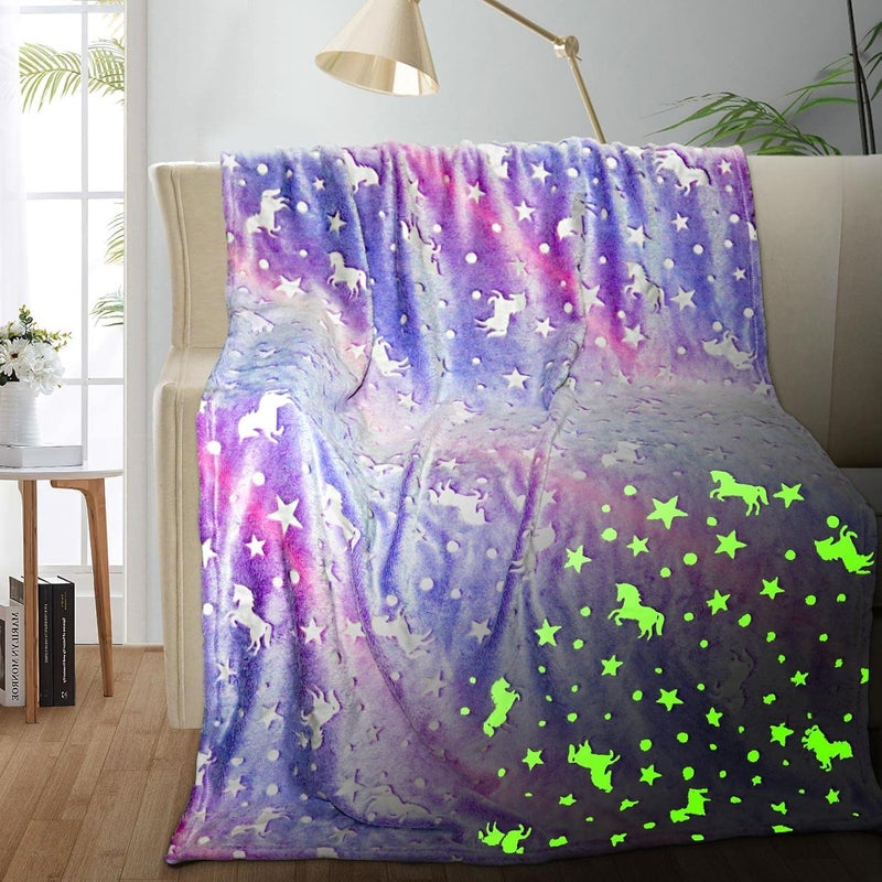 EXILOM Glow in The Dark Blanket for Kids, 200x152 Cm, Unicorns Gifts for Girls, Soft Kids Blankets for Christmas Birthday, Cozy & Warm All-Season Glow Blanket Ideal Gift for Boys & Girls (Purple) - Image 1