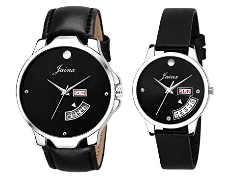 jainx Day and Date Black Leather Strap Analog Wrist Watch for Couple - JC454 - Image 1