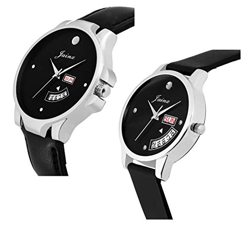 jainx Day and Date Black Leather Strap Analog Wrist Watch for Couple - JC454 - Image 4