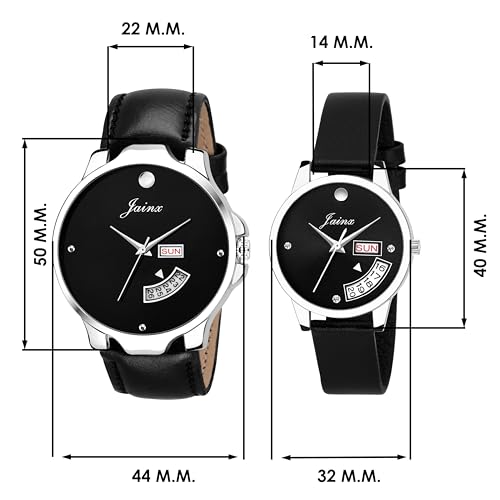 jainx Day and Date Black Leather Strap Analog Wrist Watch for Couple - JC454 - Image 3