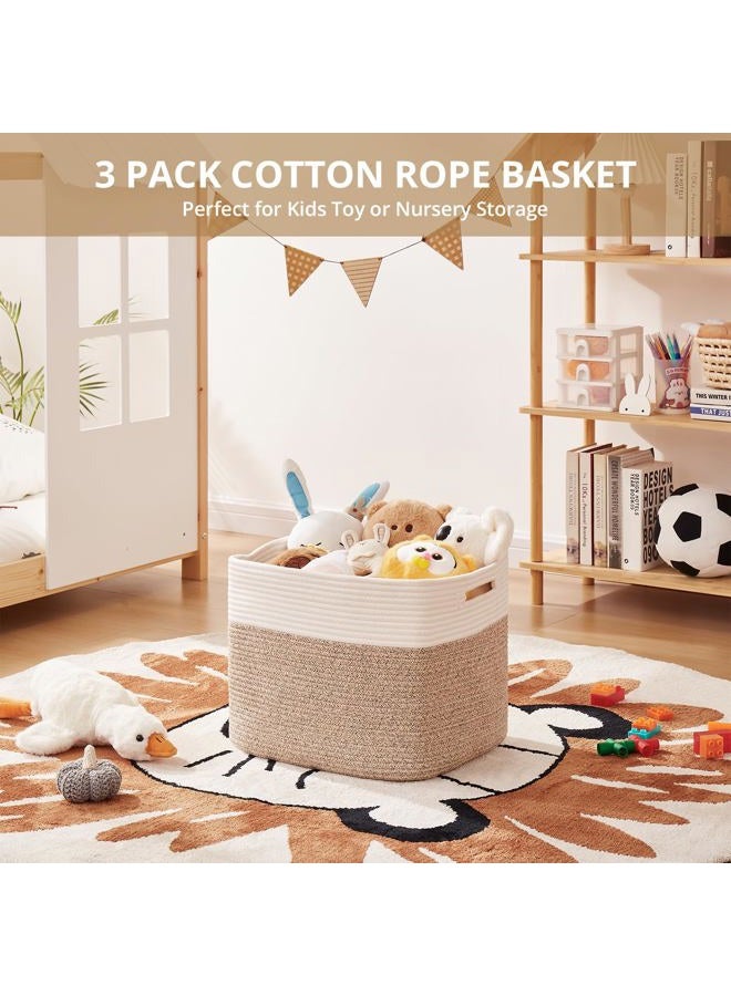 OIAHOMY 13 Kallax Inch Cube Storage Bins, 3-Pack Cotton Rope Woven Baskets for Organizing, Kallax Insert Storage Baskets for Shelves, Baby Nursery, Closet Organizer, 15*13*12.6IN, Brown & White - Image 4