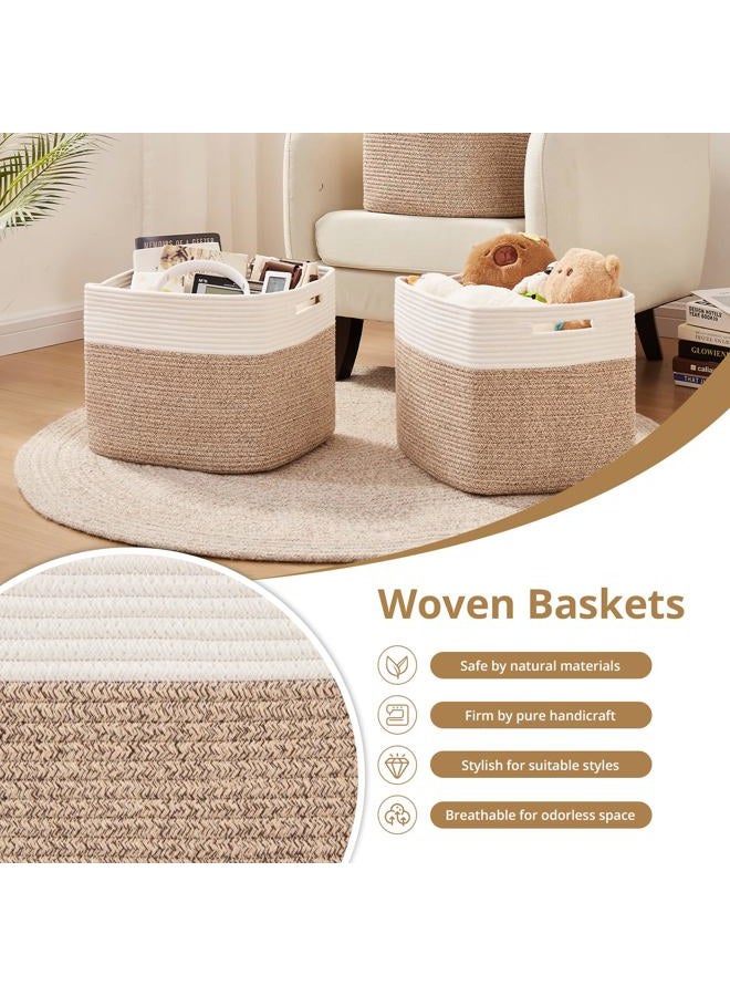 OIAHOMY 13 Kallax Inch Cube Storage Bins, 3-Pack Cotton Rope Woven Baskets for Organizing, Kallax Insert Storage Baskets for Shelves, Baby Nursery, Closet Organizer, 15*13*12.6IN, Brown & White - Image 5