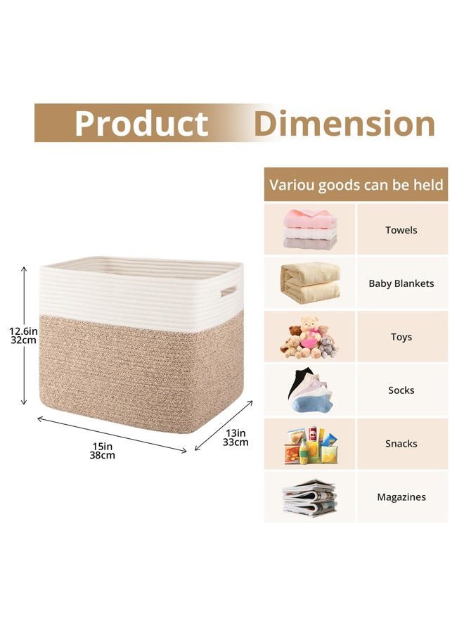 OIAHOMY 13 Kallax Inch Cube Storage Bins, 3-Pack Cotton Rope Woven Baskets for Organizing, Kallax Insert Storage Baskets for Shelves, Baby Nursery, Closet Organizer, 15*13*12.6IN, Brown & White - Image 2