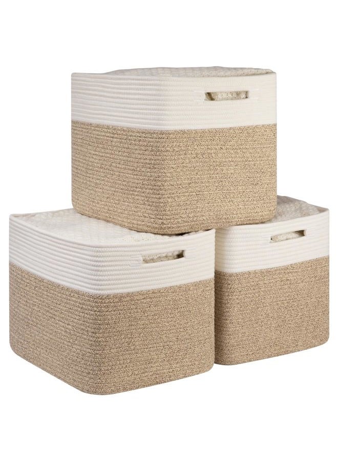 OIAHOMY 13 Kallax Inch Cube Storage Bins, 3-Pack Cotton Rope Woven Baskets for Organizing, Kallax Insert Storage Baskets for Shelves, Baby Nursery, Closet Organizer, 15*13*12.6IN, Brown & White - Image 1