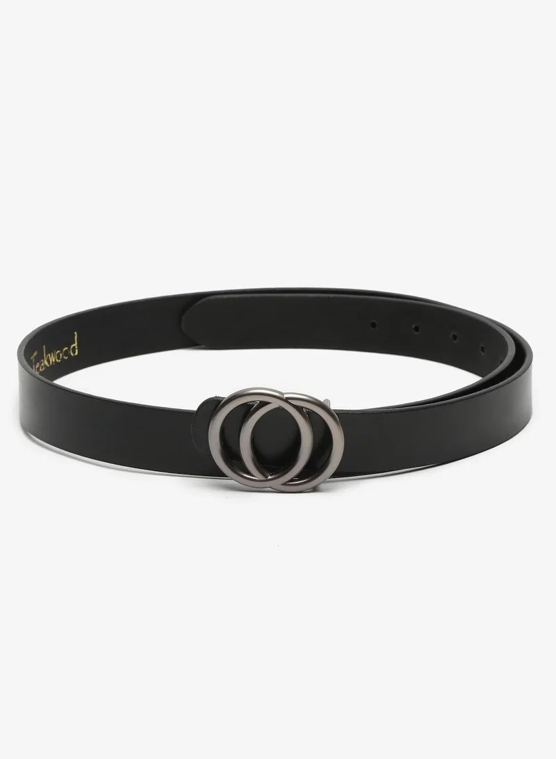 Teakwood Black Teakwood Genuine Leather Slim Belt for Women | Black Waist Belt | Silver Double Ring Buckle | Adjustable Size 27–38 | Durable Premium Finish | Ideal for Jeans, Dresses & Trousers for Women | Best Price UAE