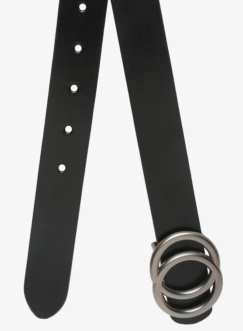Teakwood Black Teakwood Genuine Leather Slim Belt for Women | Black Waist Belt | Silver Double Ring Buckle | Adjustable Size 27–38 | Durable Premium Finish | Ideal for Jeans, Dresses & Trousers for Women | Best Price UAE
