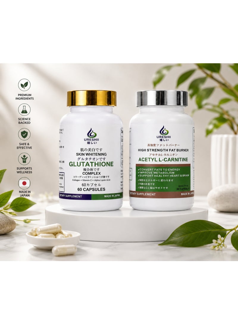 URESHII Glutathione Complex & Acetyl L-Carnitine Dietary Supplement Capsules, 60 Capsules Each – Pack of 2 – Made in Japan - Image 3