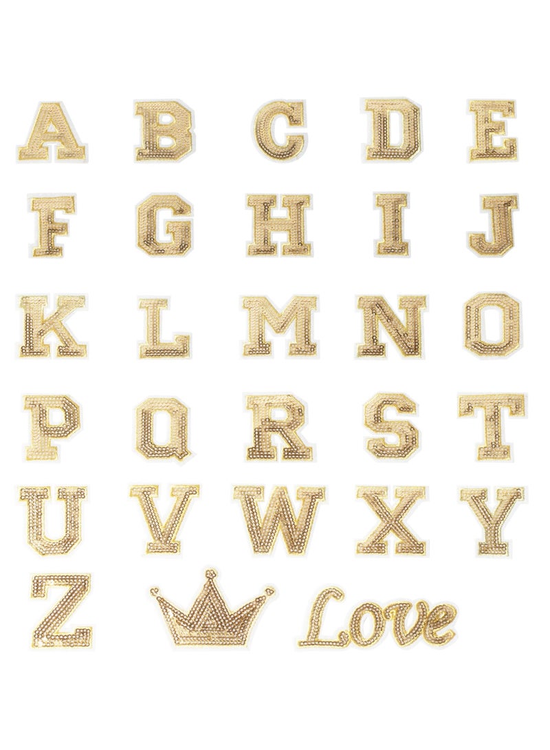 KASTWAVE 28 Pcs Iron on Letters Sequin Gold  A-Z Alphabet Letter Patches for Backpacks, Jackets, Clothing, Shirts, Small Iron on Letters Patches - Image 1