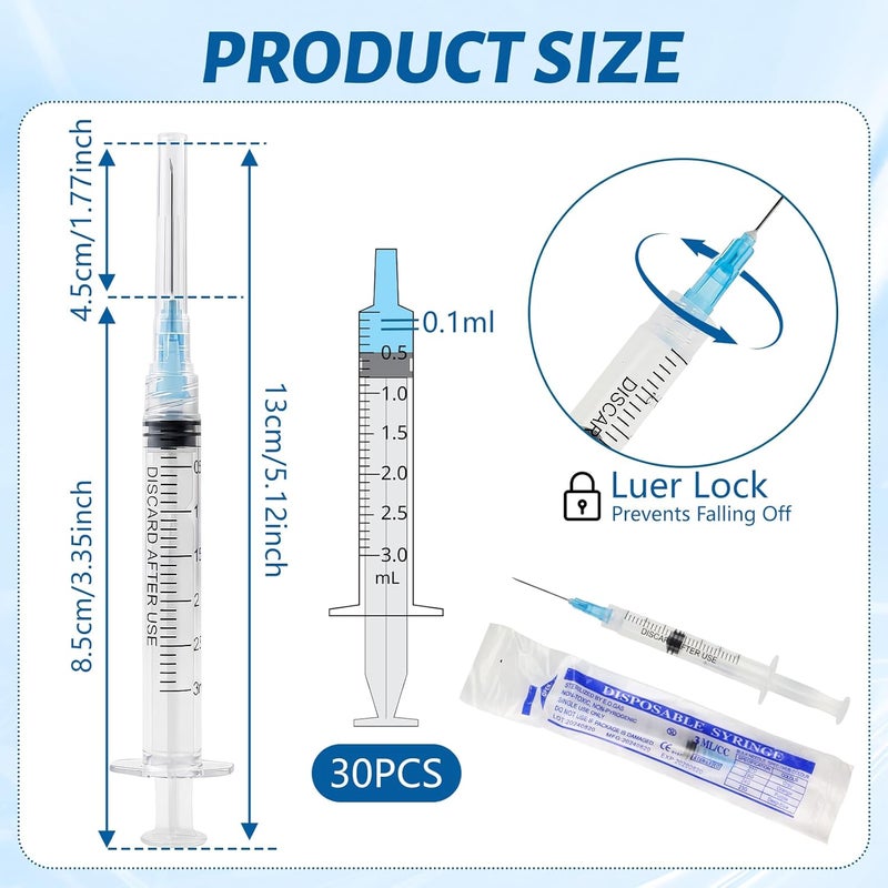 GOWTX 30 Pieces 3 ml Disposable Syringe - Plastic Syringe Set, Suitable for Scientific Experiments, Pet Husbandry, Lubricant Applications, Adhesives, Liquid Separation, Oil Filling - Image 2