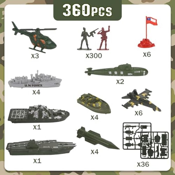 3 otters 360PCS Army Men Military Set, Army Men Toy Soldiers Plastic Military Figures Aircraft Carrier Warships Submarines and Other Accessories for Kids, for Toddler Kids Boys Ages 3+ - Image 2