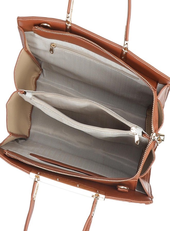 MONROW Brown Color Block Pattern Satchel Bag For Women With Adjustable And Detachable Sling Strap For Office and Regular Use - Image 4