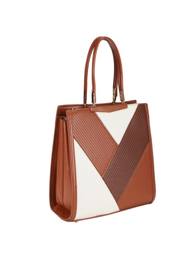 MONROW Brown Color Block Pattern Satchel Bag For Women With Adjustable And Detachable Sling Strap For Office and Regular Use - Image 2