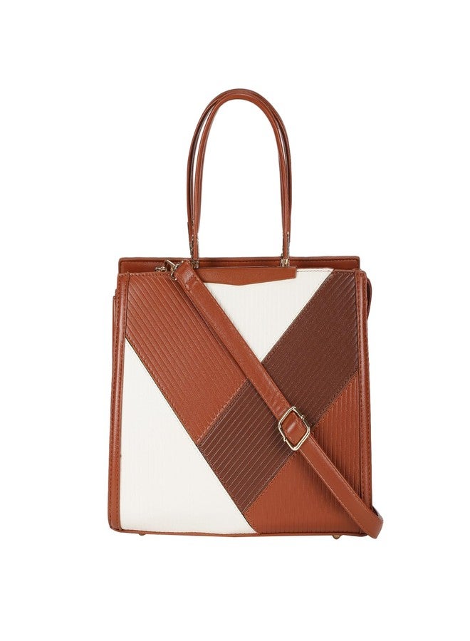 MONROW Brown Color Block Pattern Satchel Bag For Women With Adjustable And Detachable Sling Strap For Office and Regular Use - Image 1