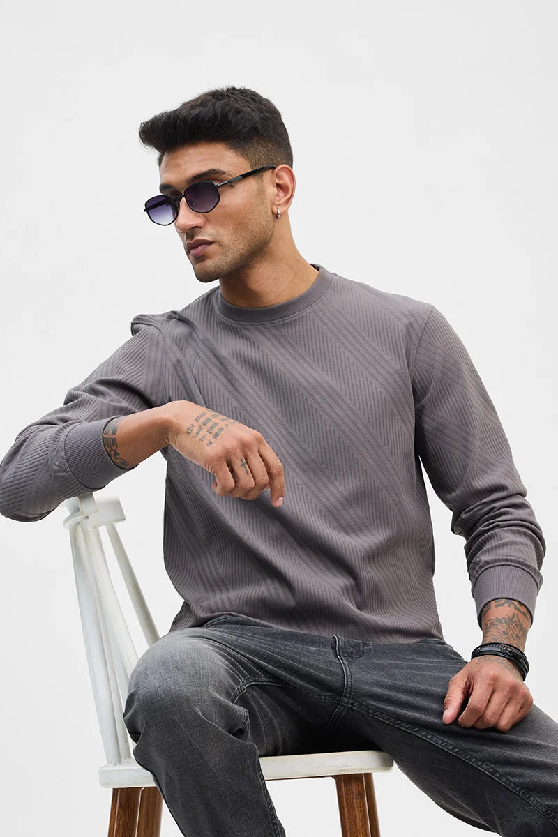 سنيتش Grey Textured Long Sleeve Slim Fit Streetwear Sweater
