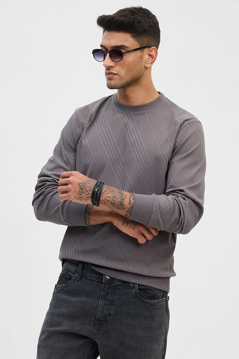 سنيتش Grey Textured Long Sleeve Slim Fit Streetwear Sweater