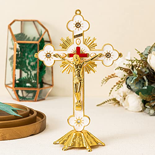 Calculs Metal Jesus Crucifix Table Cross with Stand – 8.7" Catholic Standing Cross, Gold Finish, Christian Home Décor for Prayer Table, Desk, Church, Baptism & Religious Gifts - Image 3