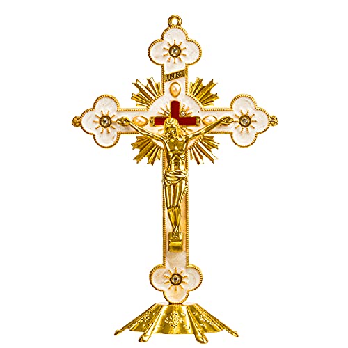 Calculs Metal Jesus Crucifix Table Cross with Stand – 8.7" Catholic Standing Cross, Gold Finish, Christian Home Décor for Prayer Table, Desk, Church, Baptism & Religious Gifts - Image 1
