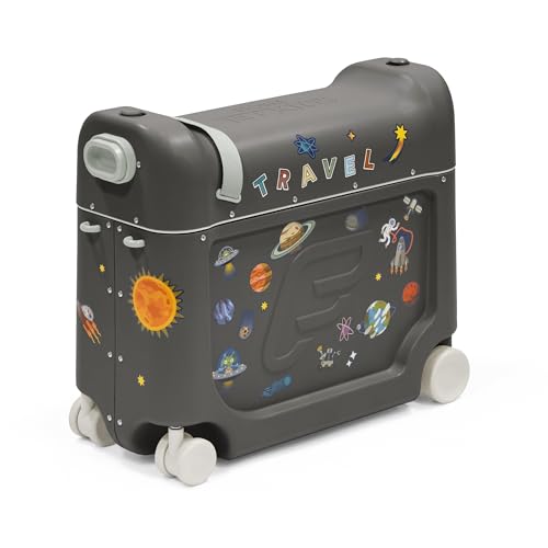 Stokke JetKids BedBox, Midnight Grey - Ride-On Suitcase for Kids 2-7 Years Old (up to 77 lbs) - Transforms Into Bed - Includes Mattress, Decorative Stickers & Adjustable Carrying Strap - Image 1