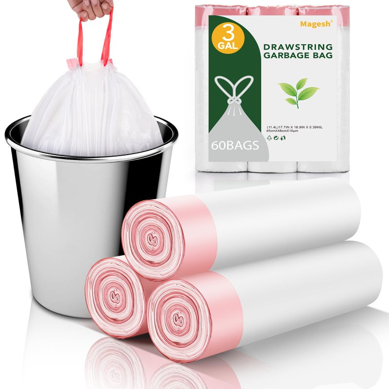 Magesh 3 Gallon Small TrashBags Drawstring For Bathroom White Plastic Mini Garbage Bags Unscented 60 Count 12 Liter Tiny Waste Basket Liners Kitchen Office Car Little Strong Thick Bulk Magesh - Image 2