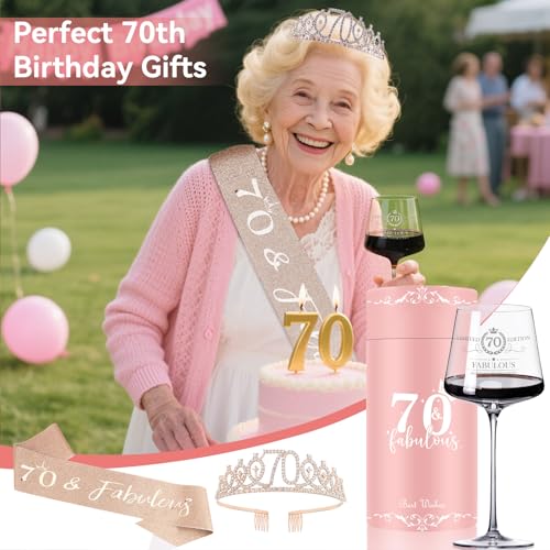 Cyrelwing 70TH Birthday Gifts for Women,Vintage Engraved 70th Wine Glass,70 Year Old Birthday Decorations For Her,70&Fabulous Sash and Tiara For Women,Friends,Sister-Turning 70th Party Favor Supplies - Image 5