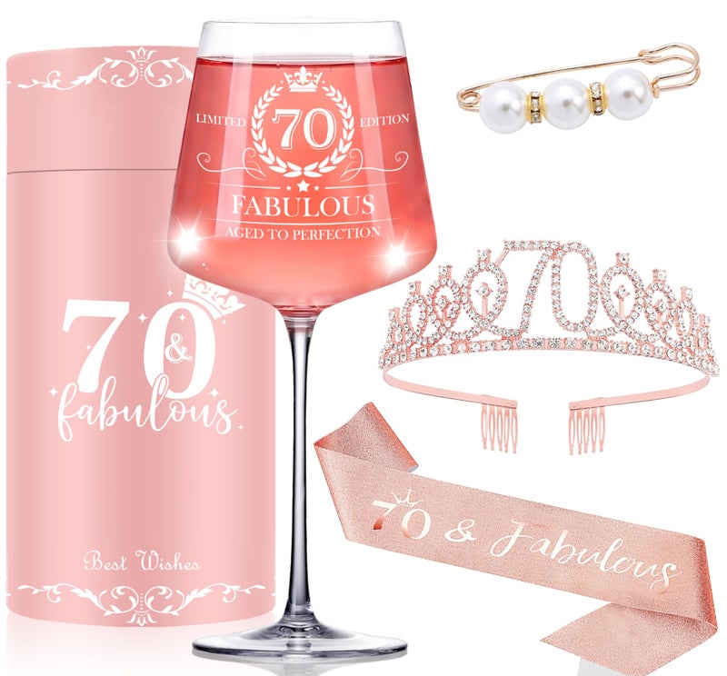 Cyrelwing 70TH Birthday Gifts for Women,Vintage Engraved 70th Wine Glass,70 Year Old Birthday Decorations For Her,70&Fabulous Sash and Tiara For Women,Friends,Sister-Turning 70th Party Favor Supplies - Image 1