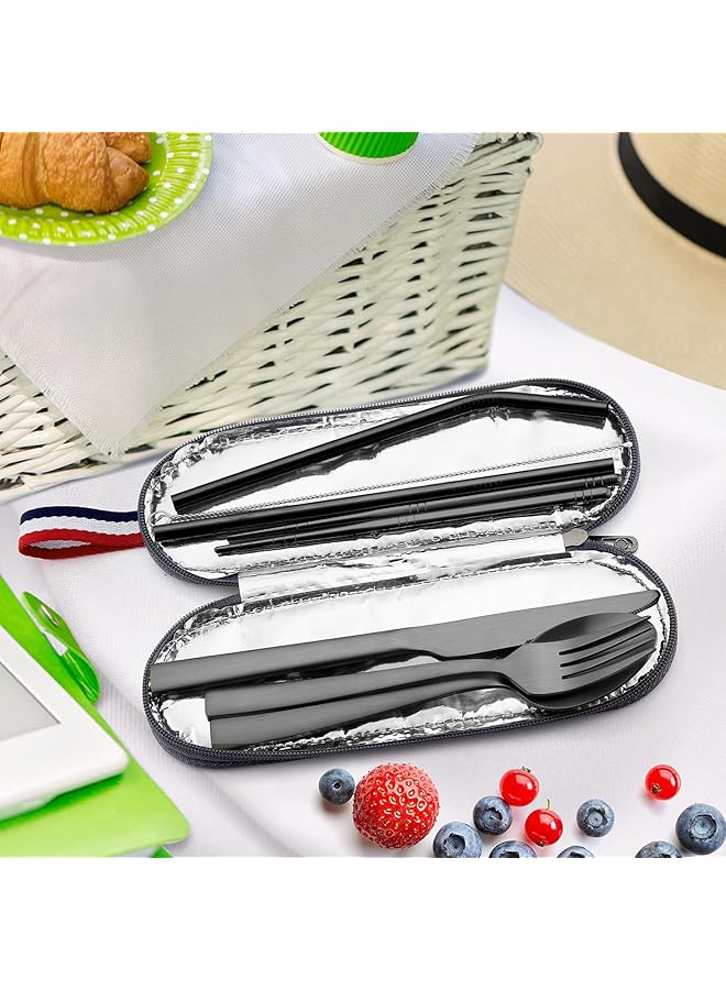 E-far Matte Black Travel Utensils Set 8 Piece Metal Travel Silverware Portable Camping Reusable Cutlery Flatware Set Includes Knife Fork Spoon Chopsticks Straws Charcoal Gray Case - Image 5
