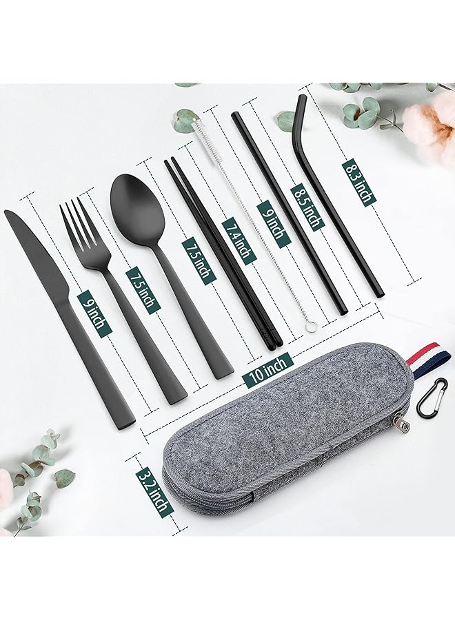 E-far Matte Black Travel Utensils Set 8 Piece Metal Travel Silverware Portable Camping Reusable Cutlery Flatware Set Includes Knife Fork Spoon Chopsticks Straws Charcoal Gray Case - Image 2